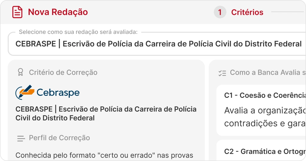 Interface de escolha de critério de avaliação