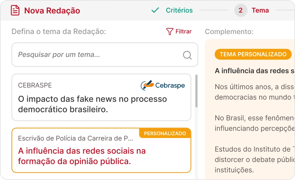 Interface de definição do tema da redação